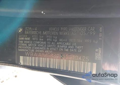 1999 BMW 328I из США, поврежденный, VIN WBAAM5339XKG10425